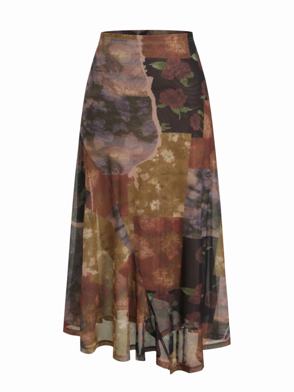 Cider Patchwork Print Floral Midi Skirt in Brown & Rust Like Free People Anthro